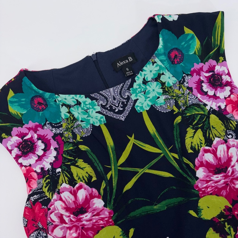 Alexa B Navy Blue Floral Paisley Sheath Dress Sleeveless Boat Neck Size 6